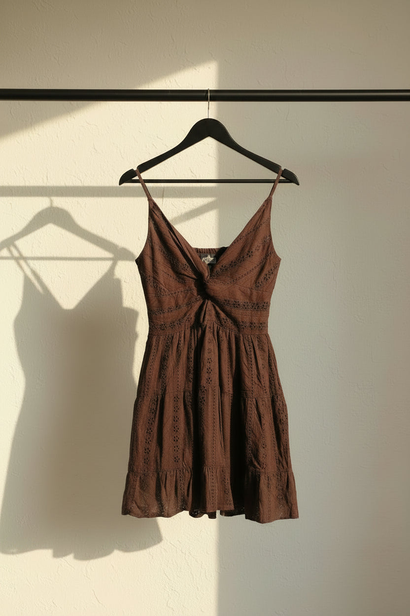 Angie Women's Brown Rayon Eyelet Tiered Mini Dress