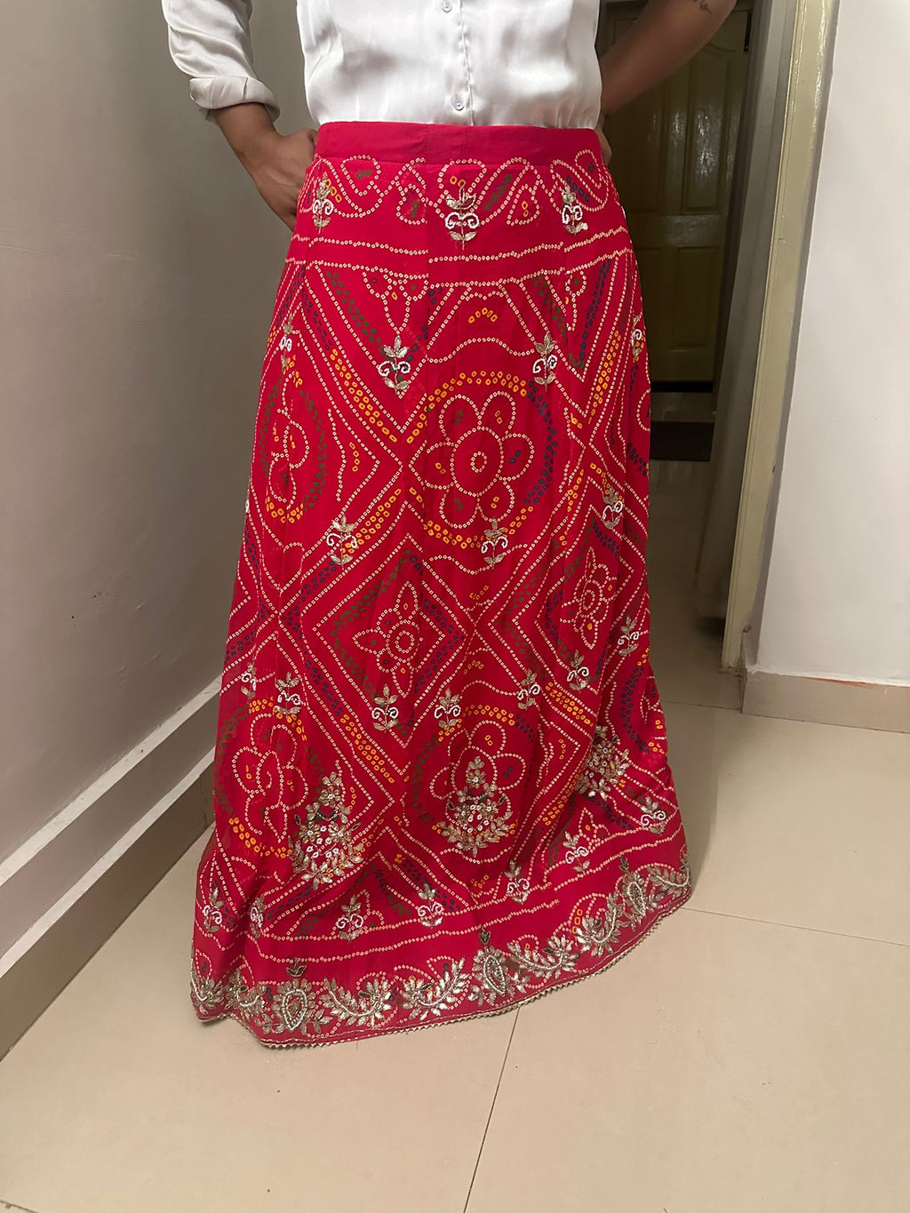 Red Embellished Bandhani Print Lehenga Skirt