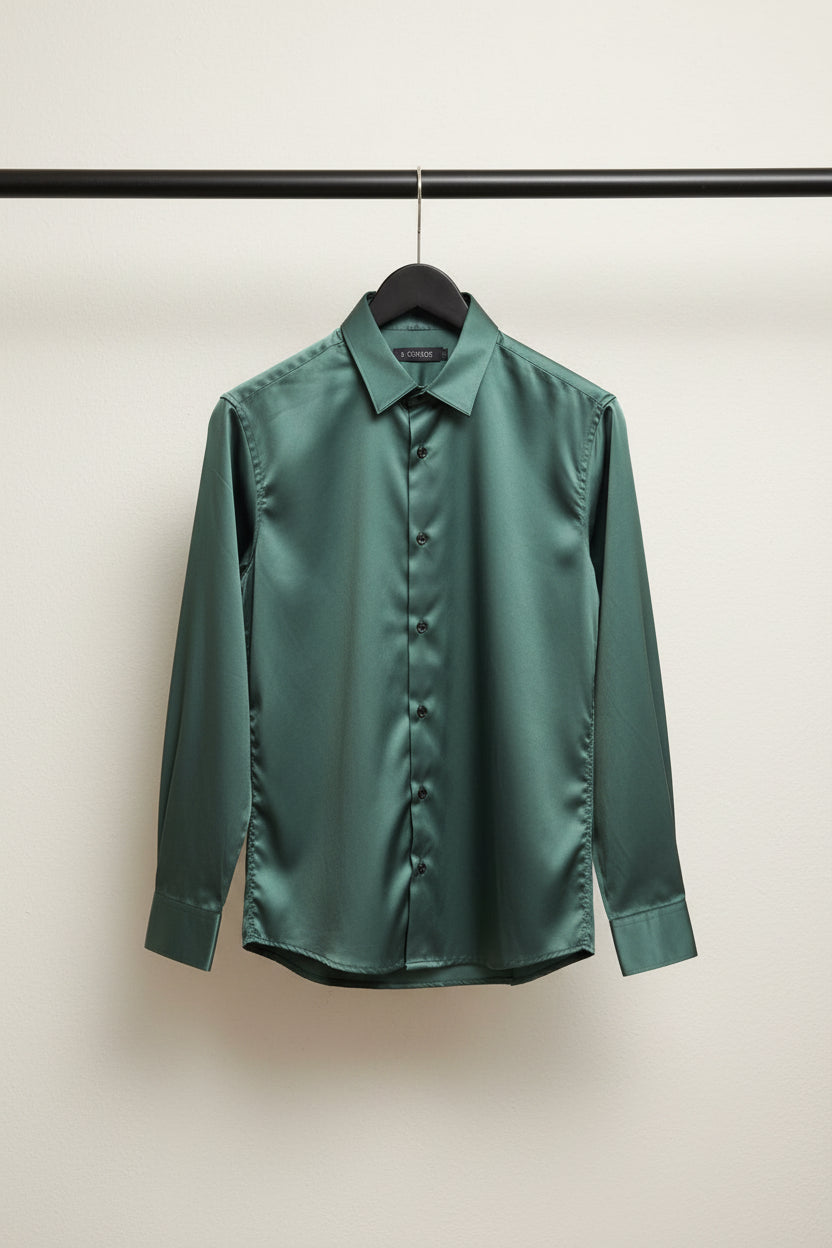 S. CHOICE Men's Green Satin Long Sleeve Shirt