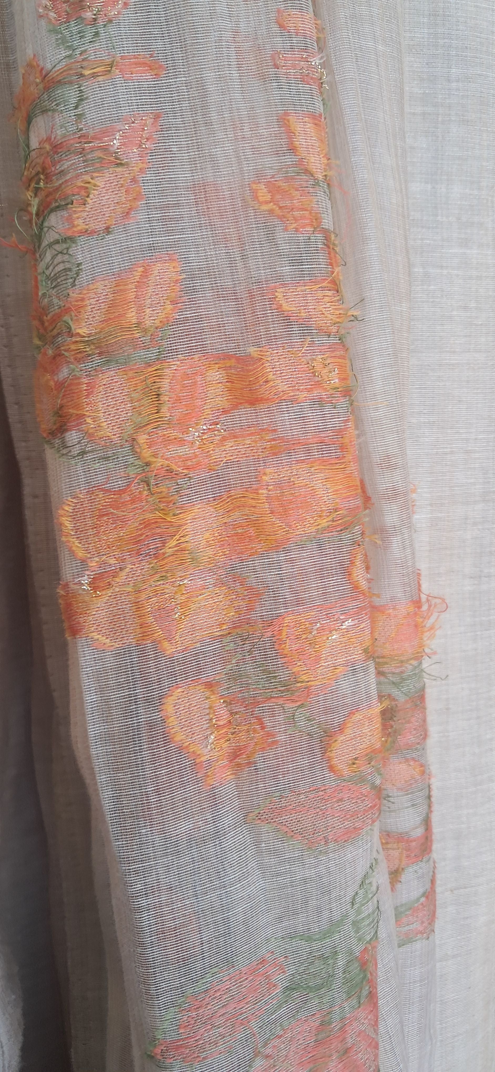 Elegant Beige Linen Blend Kurta with Orange Floral Embroidery and Matching Dupatta