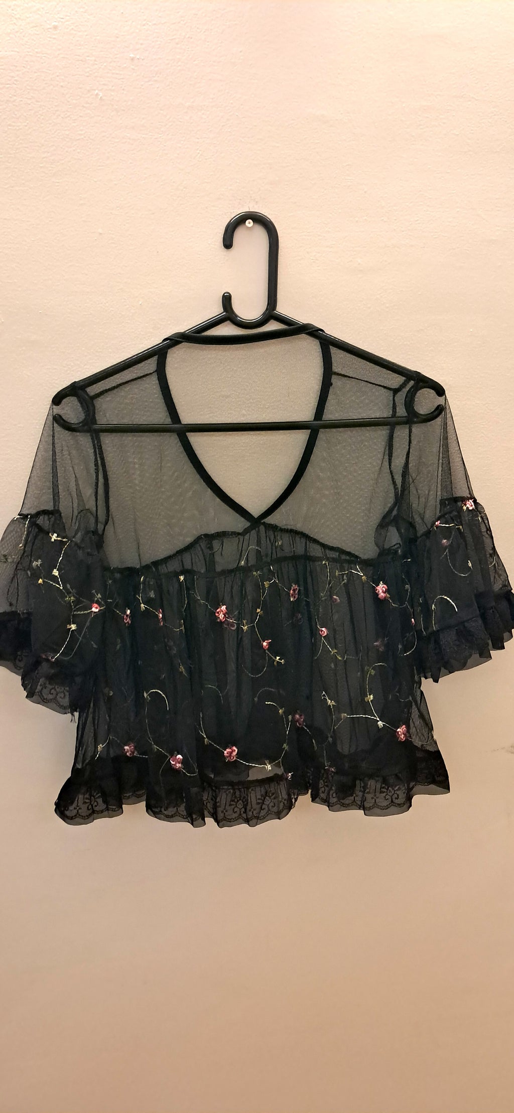 Women's Black Embroidered Sheer Mesh Peplum Top