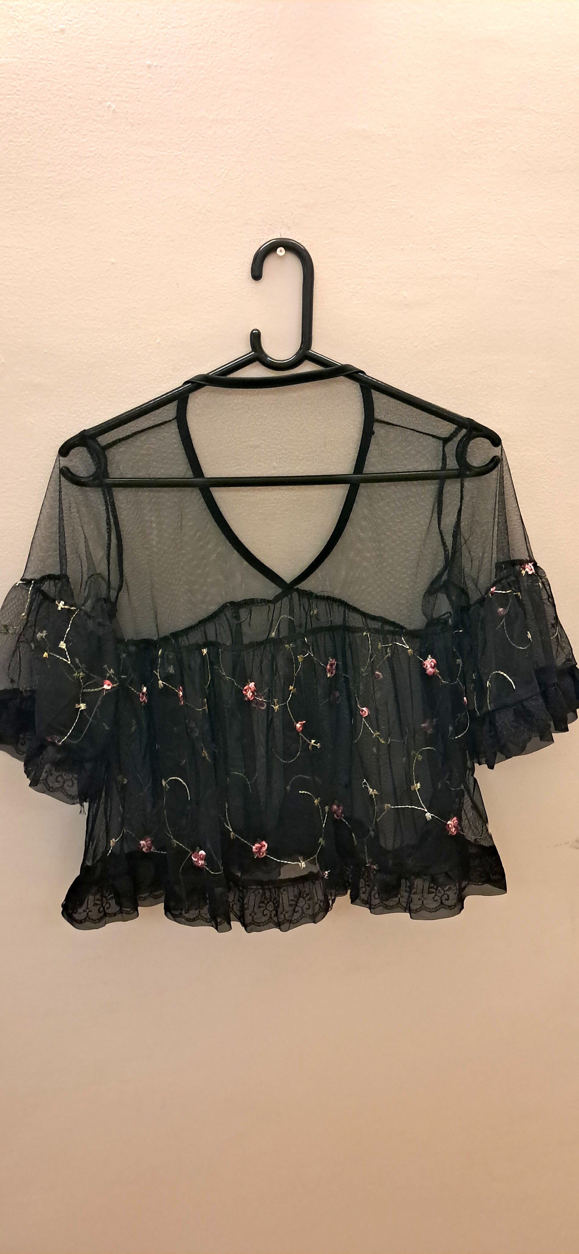 Women's Black Embroidered Sheer Mesh Peplum Top