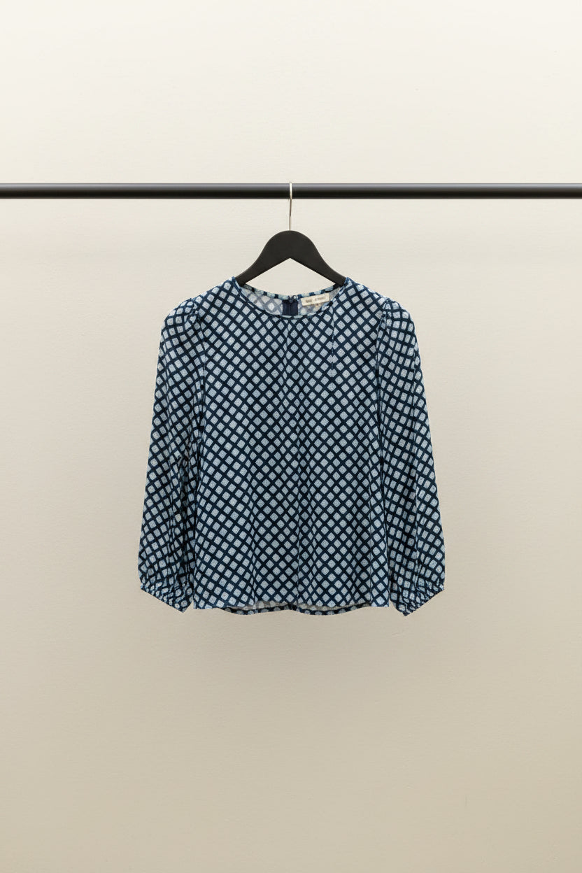 Women's Blue Geometric Print Long Sleeve Blouse