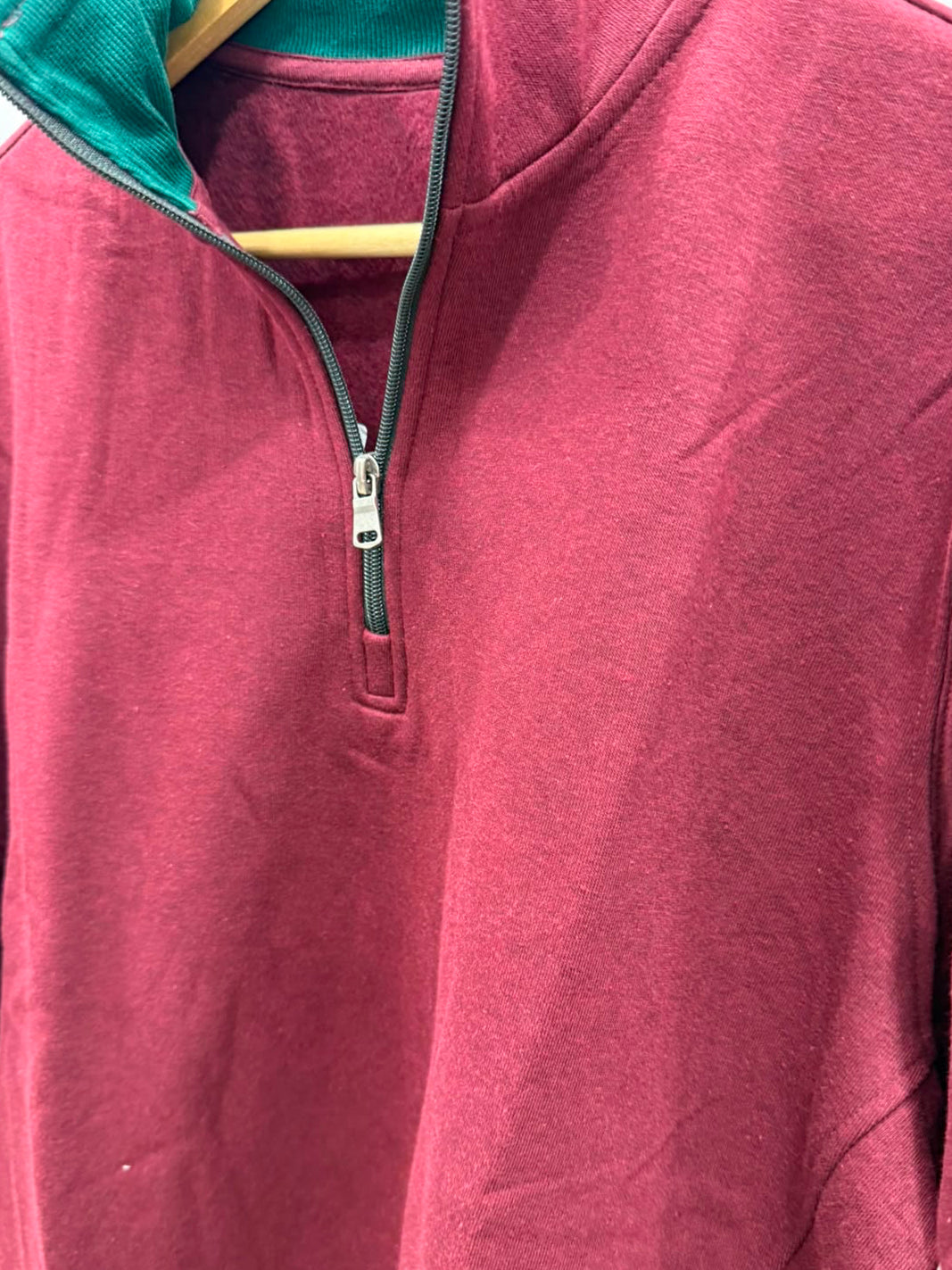 Men's Maroon Quarter-Zip Pullover Sweatshirt with Green Collar