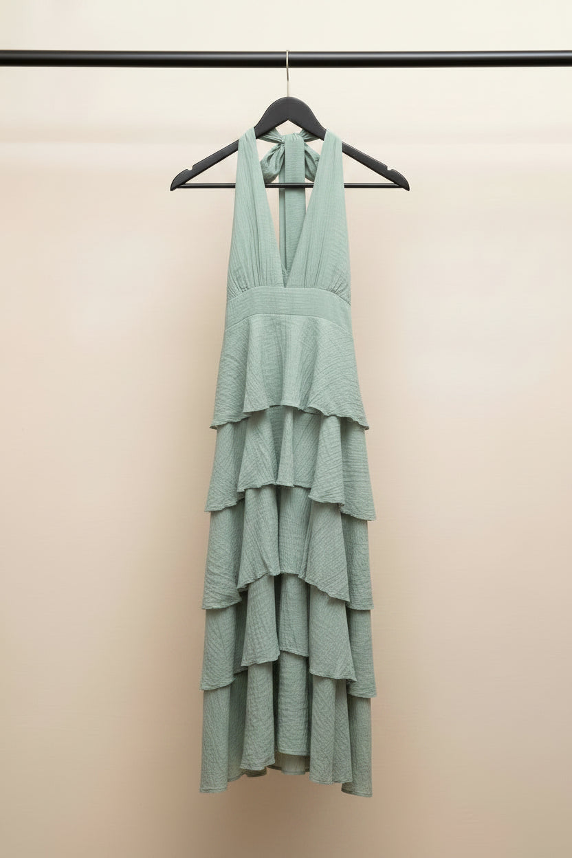 Light Green Halter Neck Tiered Ruffle Maxi Dress