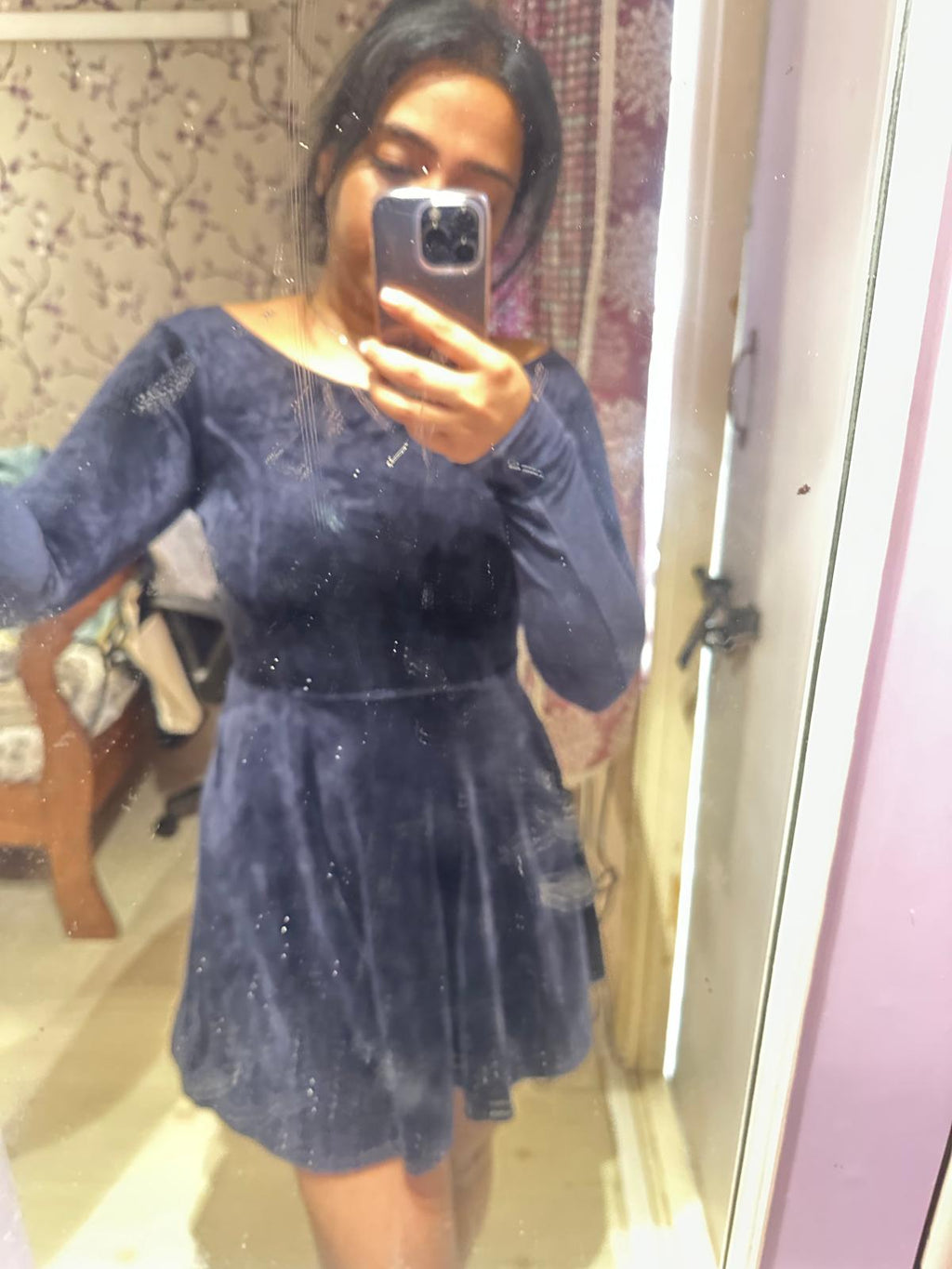 Abercrombie Kids Navy Blue Velvet Long Sleeve A-Line Mini Dress