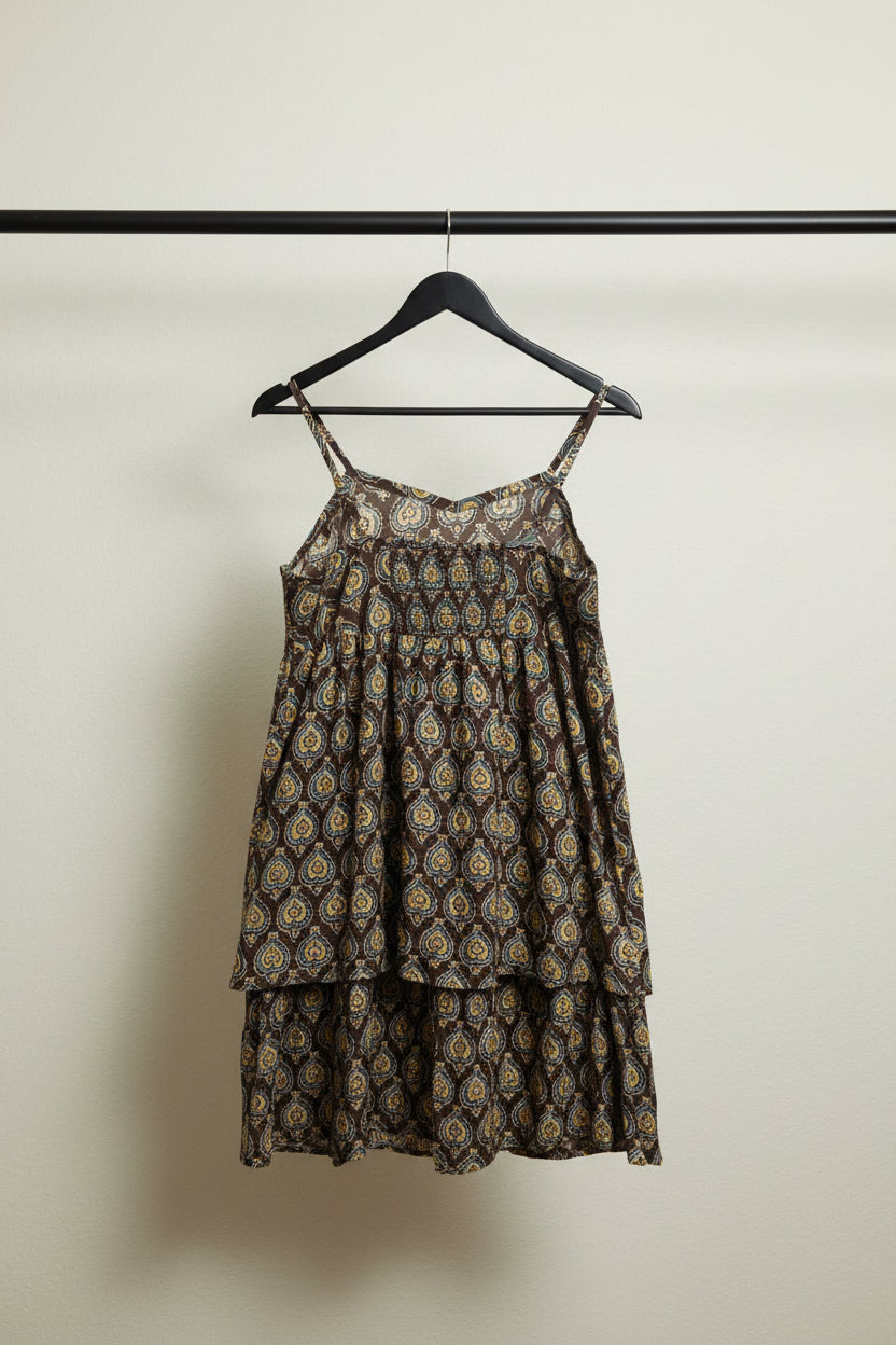 SVRNAA Women's Brown Multicolor Printed Cotton A-Line Maxi Dress