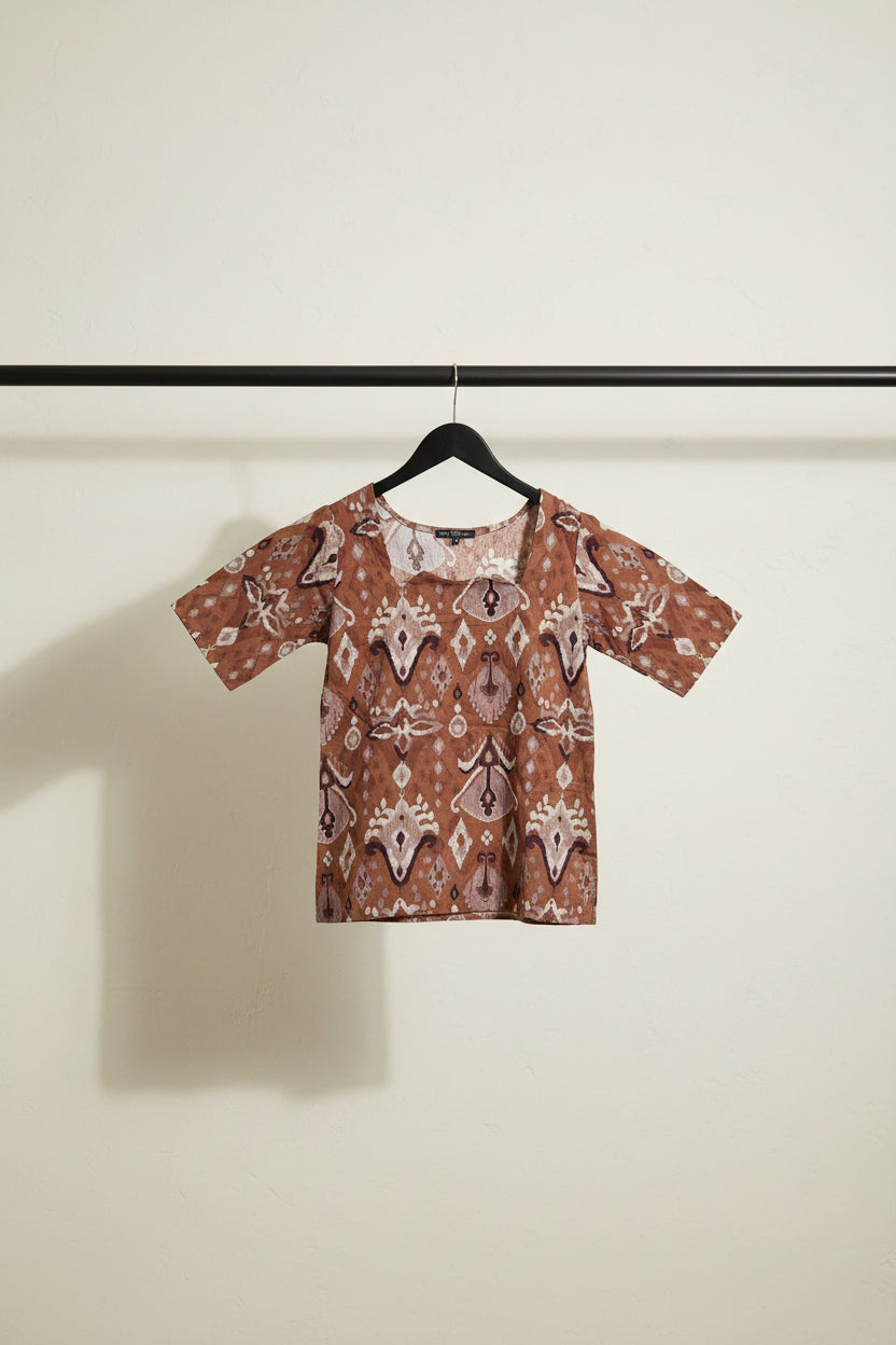 Brown Printed Short Sleeve Tunic Top