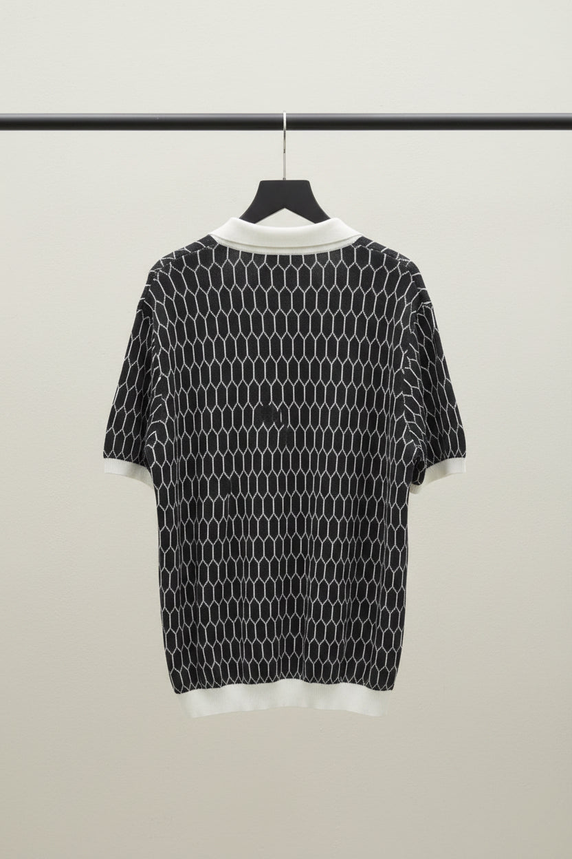 ZARA Men's Black & White Hexagon Patterned Polo Shirt