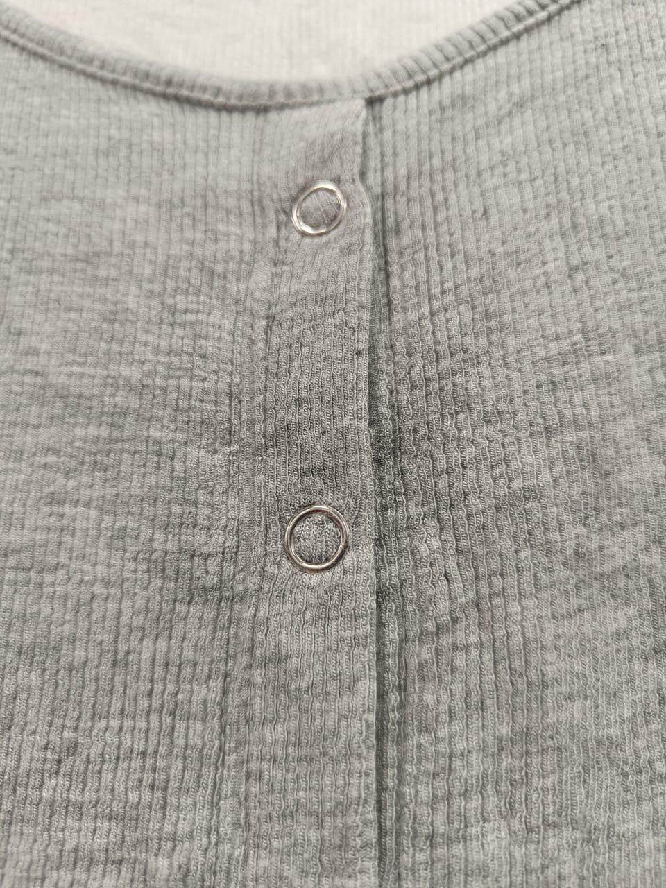 Women's Grey Ribbed Long Sleeve Button-Front Top
