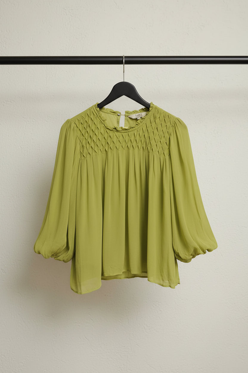 Label Ritu Kumar Green Smocked Ruffle Blouse