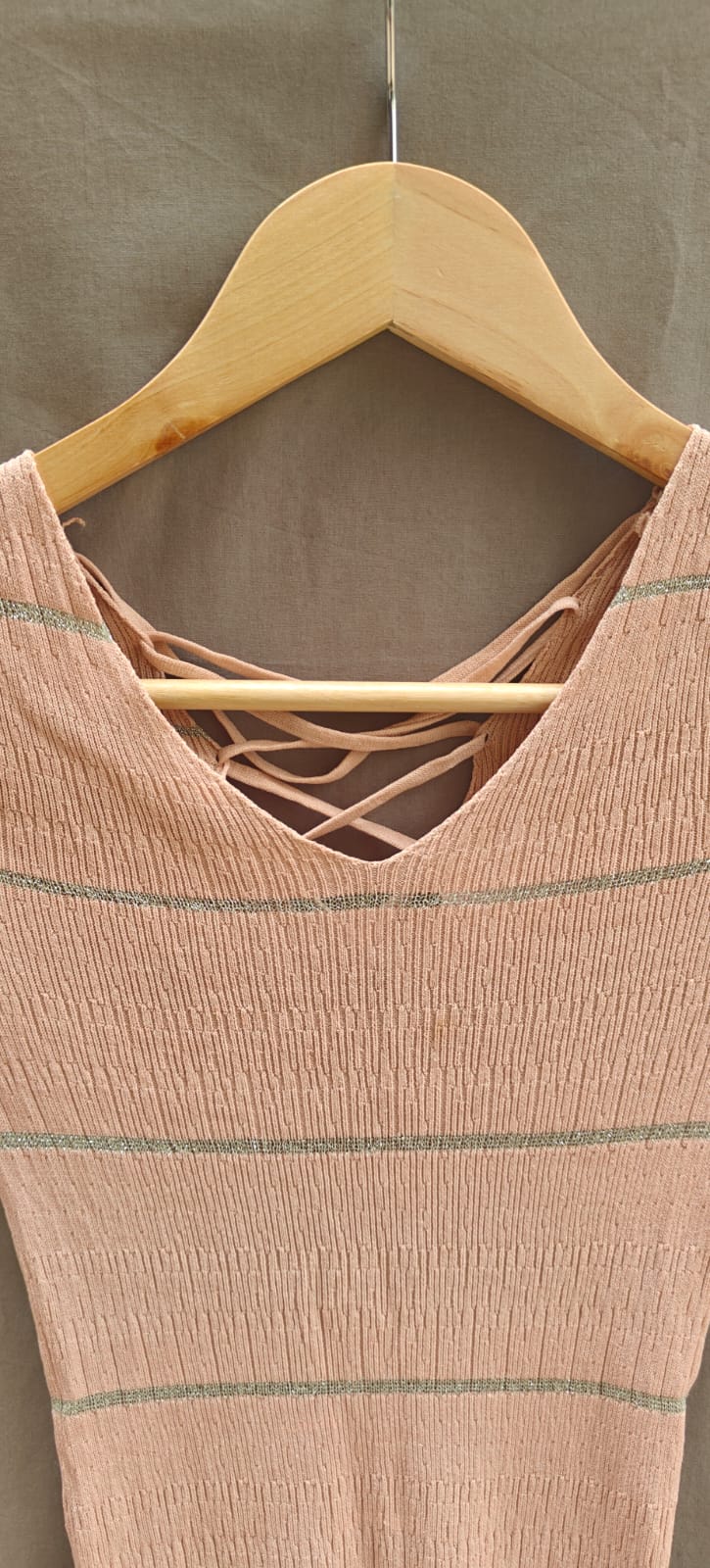 Women's Peach Ribbed Knit Criss-Cross Back Short Sleeve Top