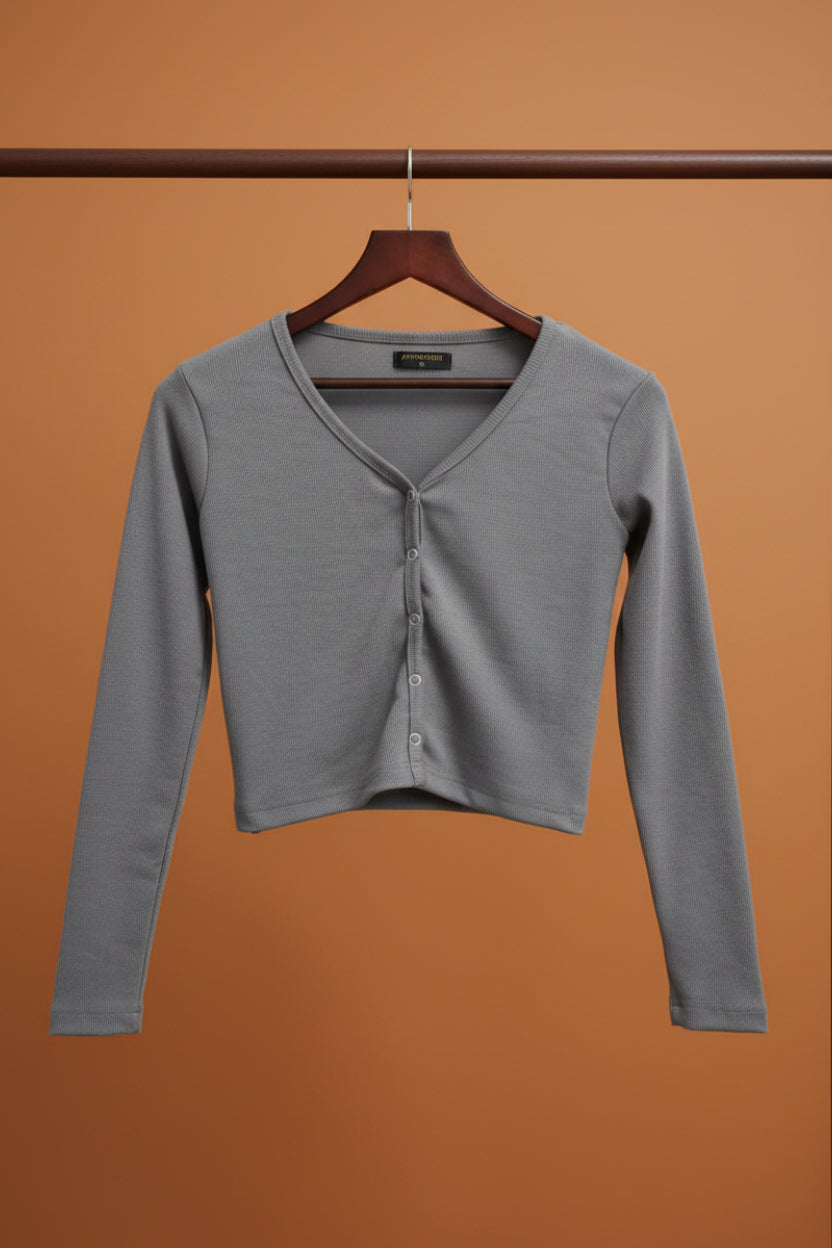 Grey Ribbed V-Neck Button-Front Long Sleeve Crop Top