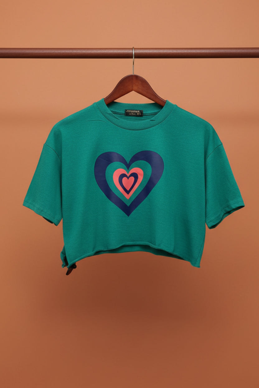 ATTIRHUB Green Heart Print Crop Top