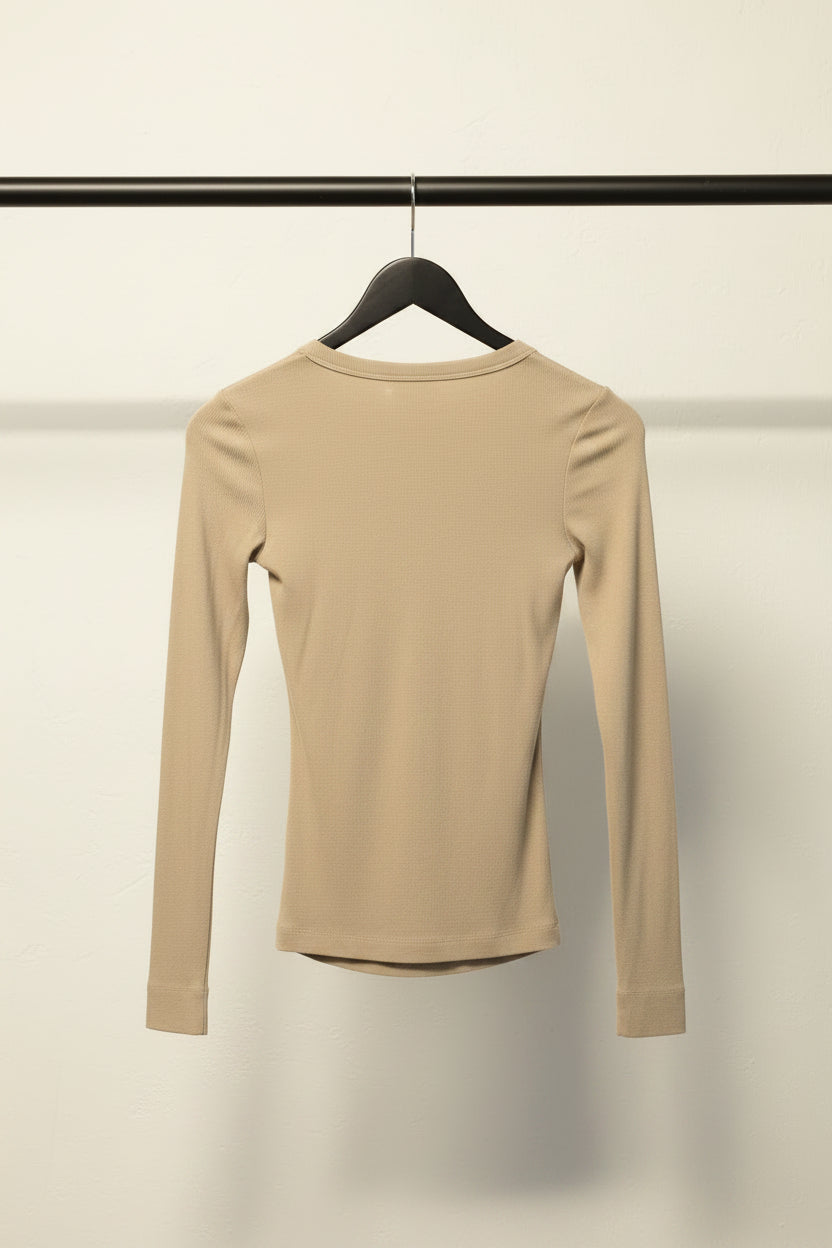 H.M Women's Beige Ribbed Long Sleeve Top
