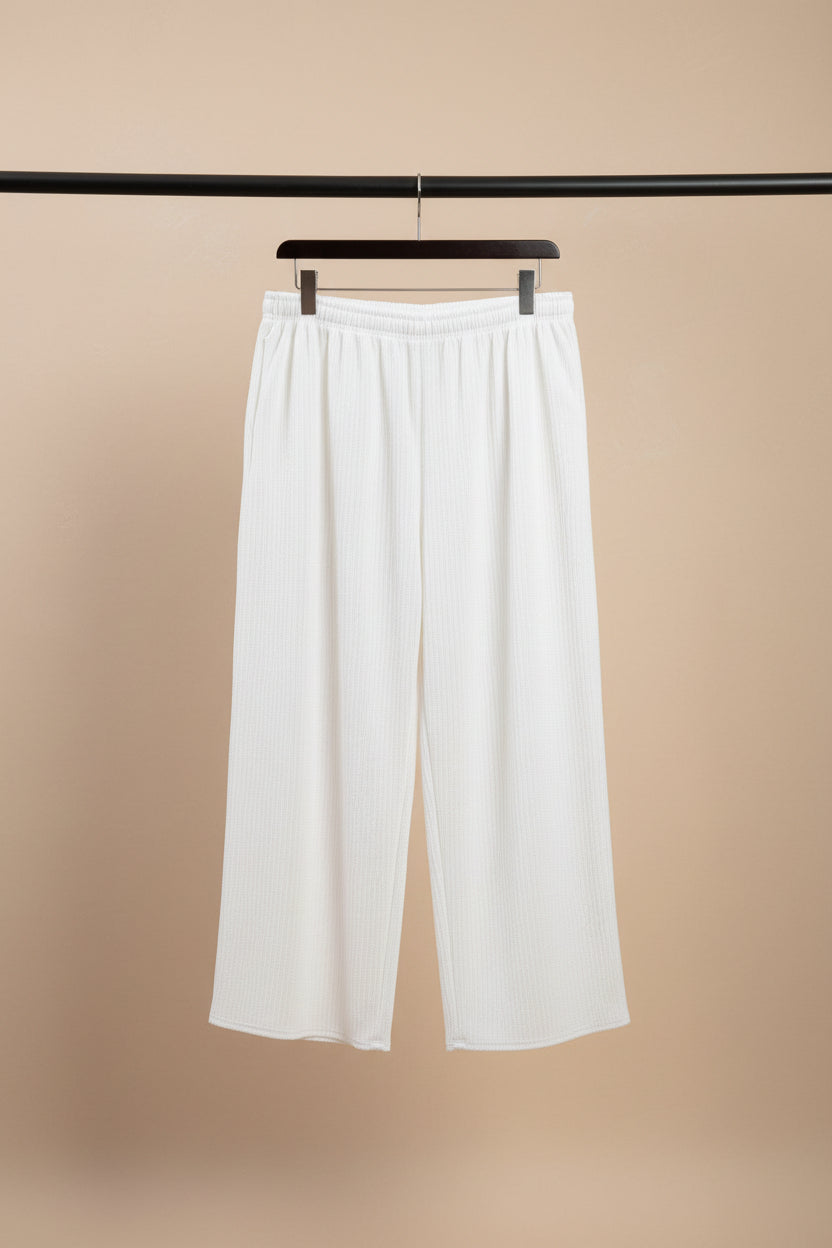 White Ribbed Knit Wide Leg Palazzo Pants with Drawstring Waist