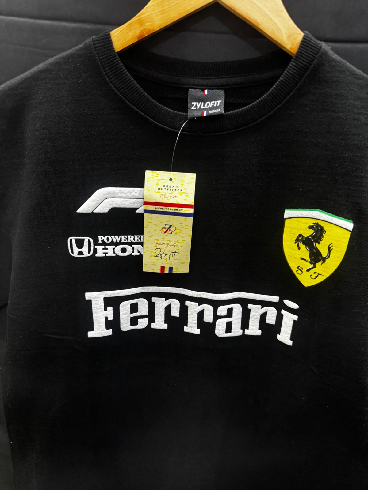 ZYLOFIT Men's Black Ferrari Honda Graphic Crewneck Short Sleeve Top