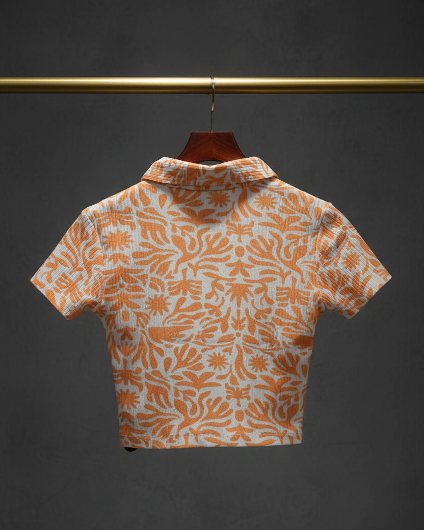 H&M Women's Orange & White Ribbed Floral Print Zip-Up Crop Top