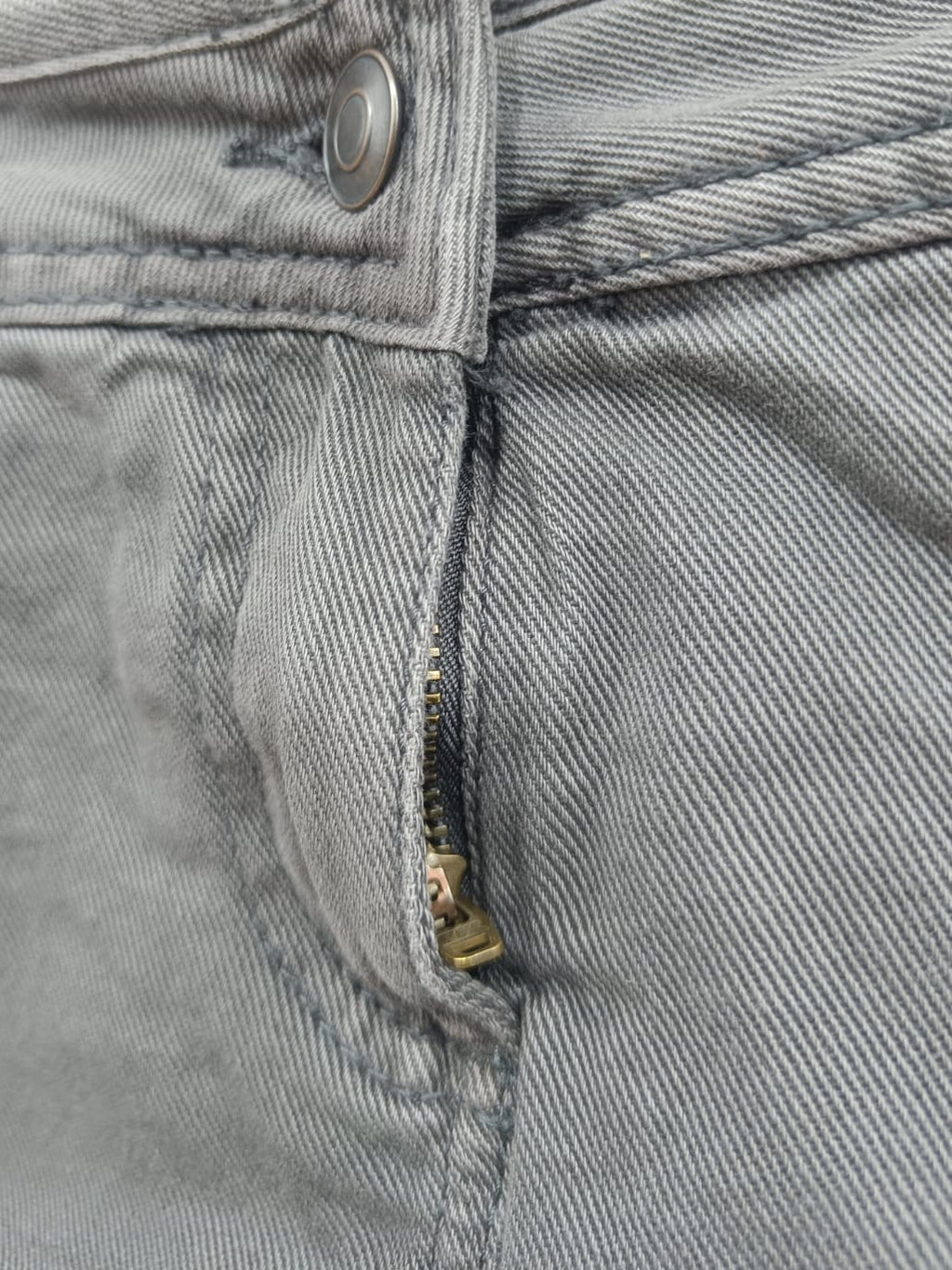 Close-up of a pair of light gray denim jeans showing the waistband, metal button, and a gold-tone zipper pull.