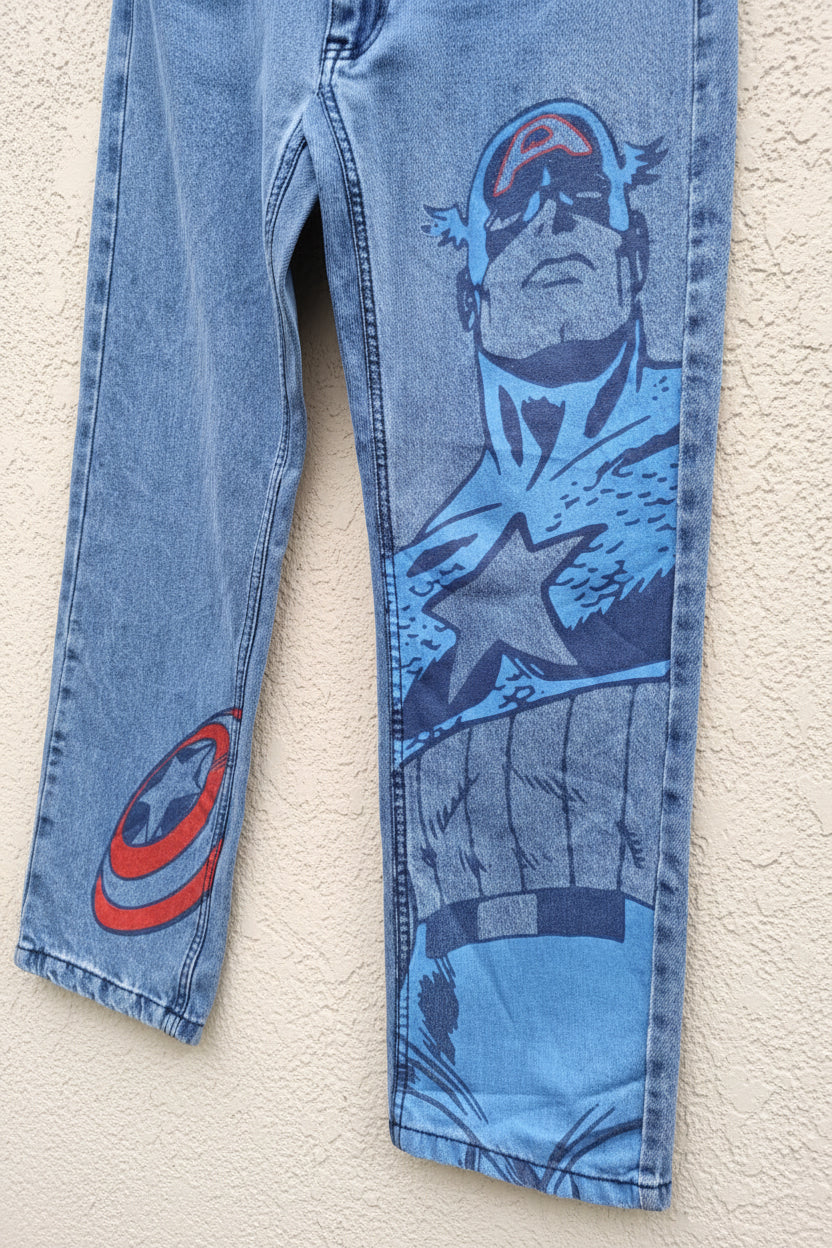 Men's Blue Captain America Graphic Print Denim Jeans