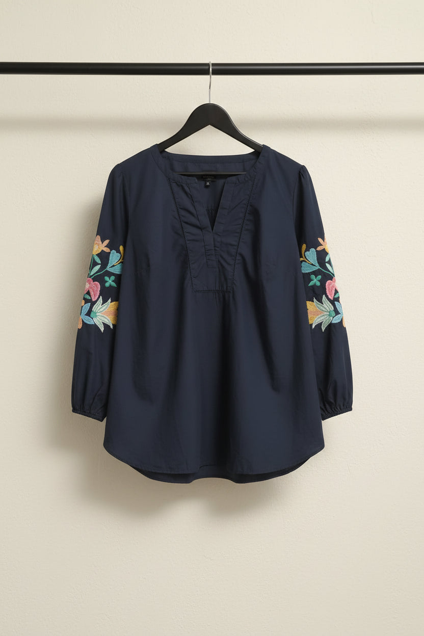 TALBOTS PLUS Women's Navy Blue Embroidered 3/4 Sleeve Tunic Top 1X