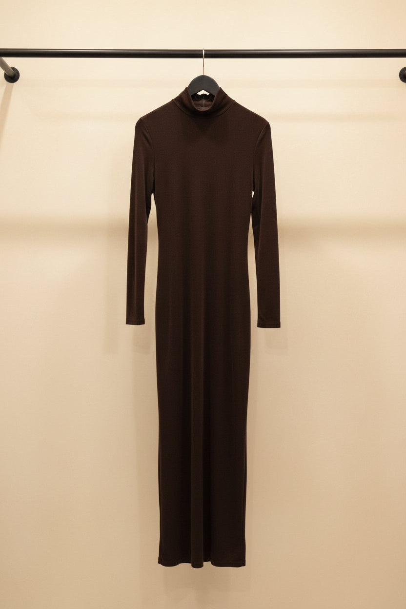 Women's Brown Ruched High Neck Long Sleeve Maxi Dress