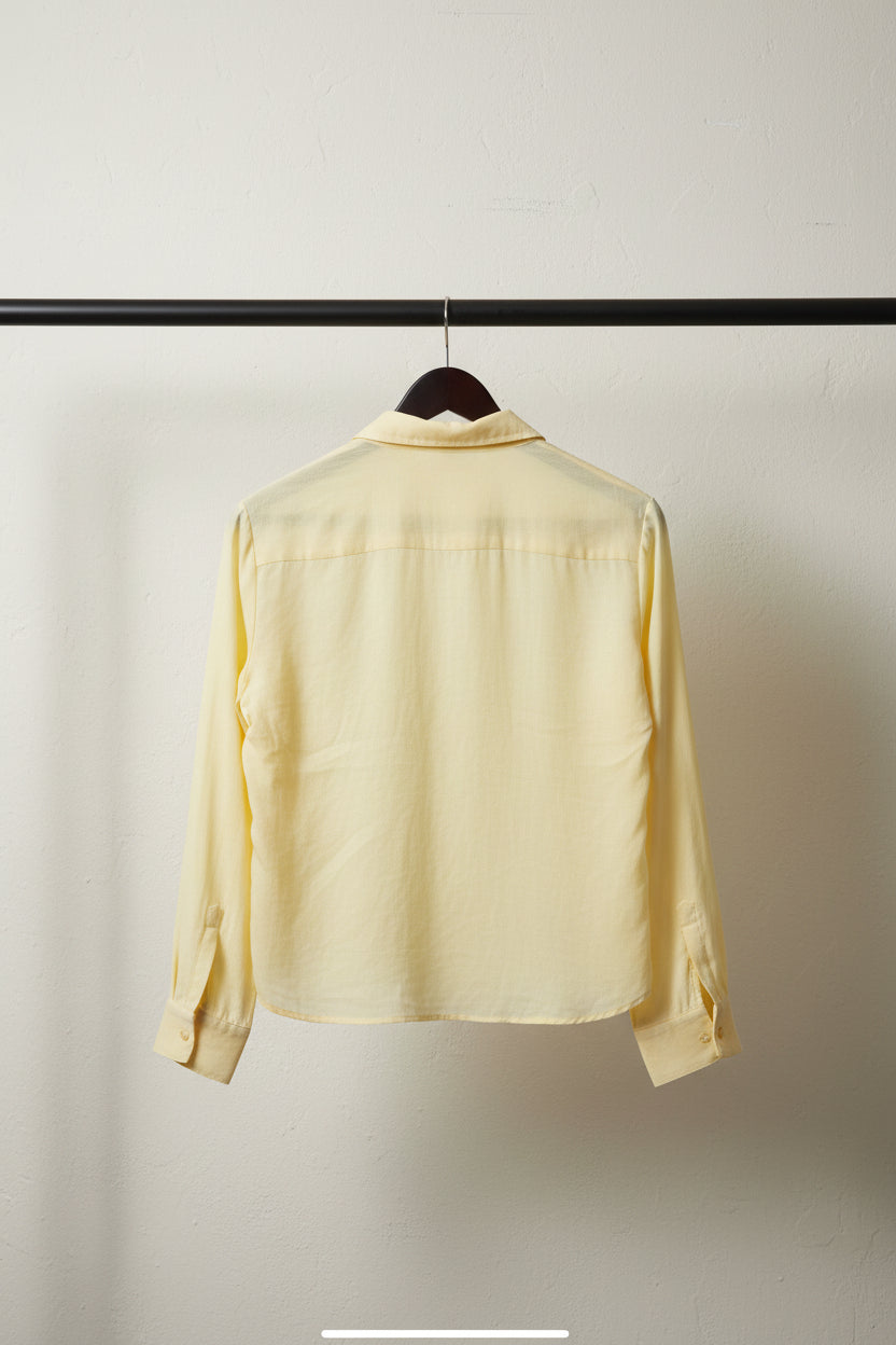 Women's Light Yellow Linen Blend Collared Button-Up Shirt