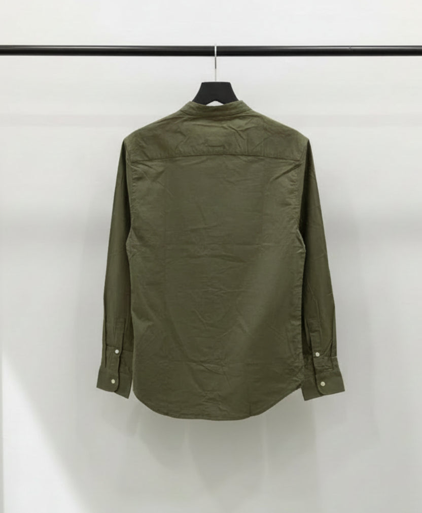 Men's Olive Green Band Collar Long Sleeve Shirt