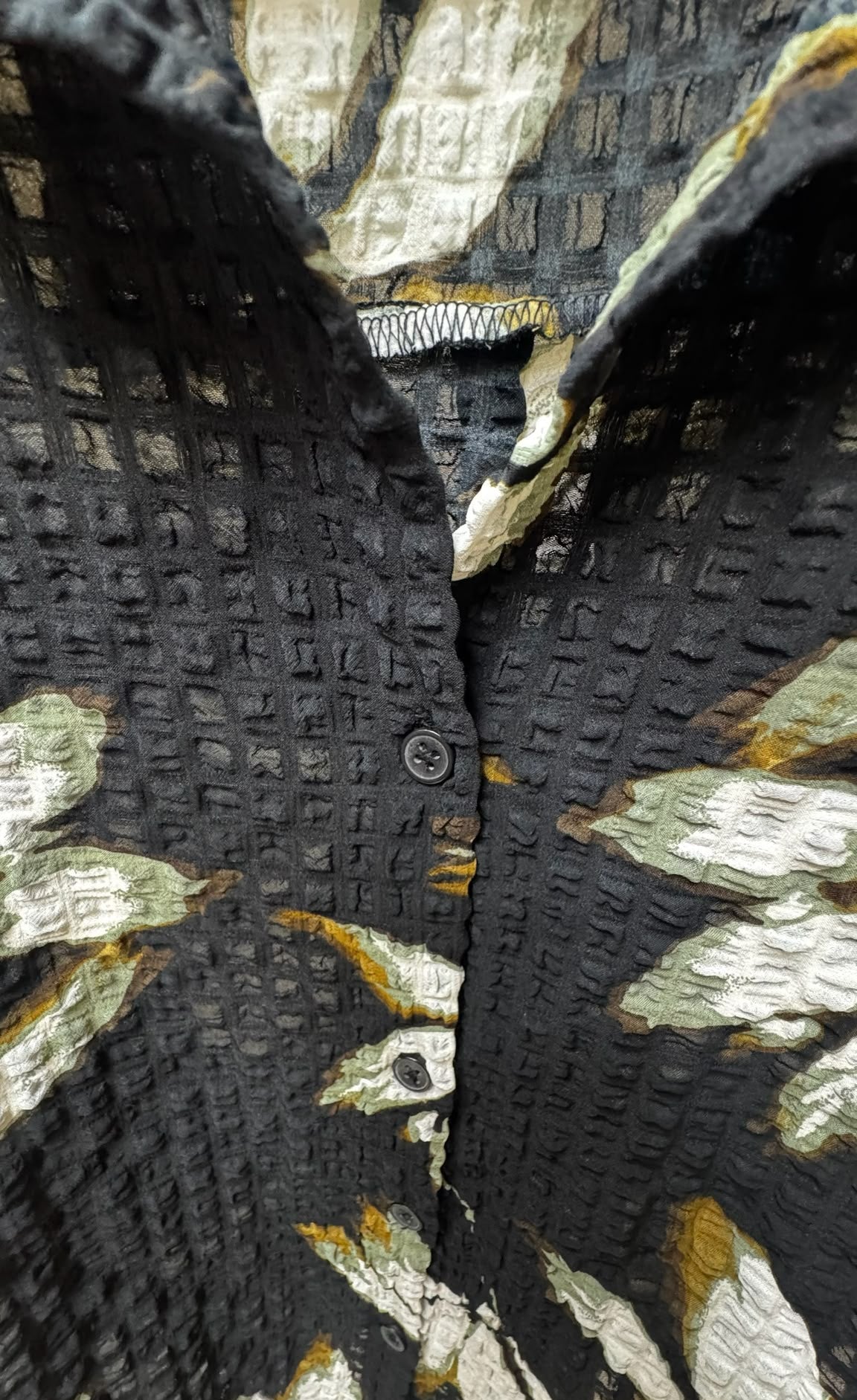 Women's Black Leaf Print Textured Collared Long Sleeve Shirt