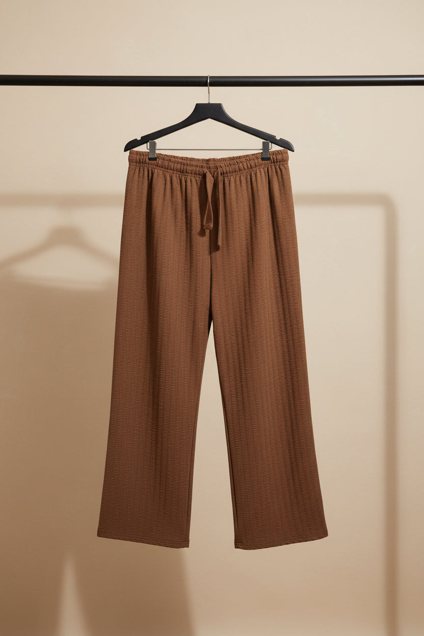 Brown Textured Wide Leg Pants with Drawstring Waist