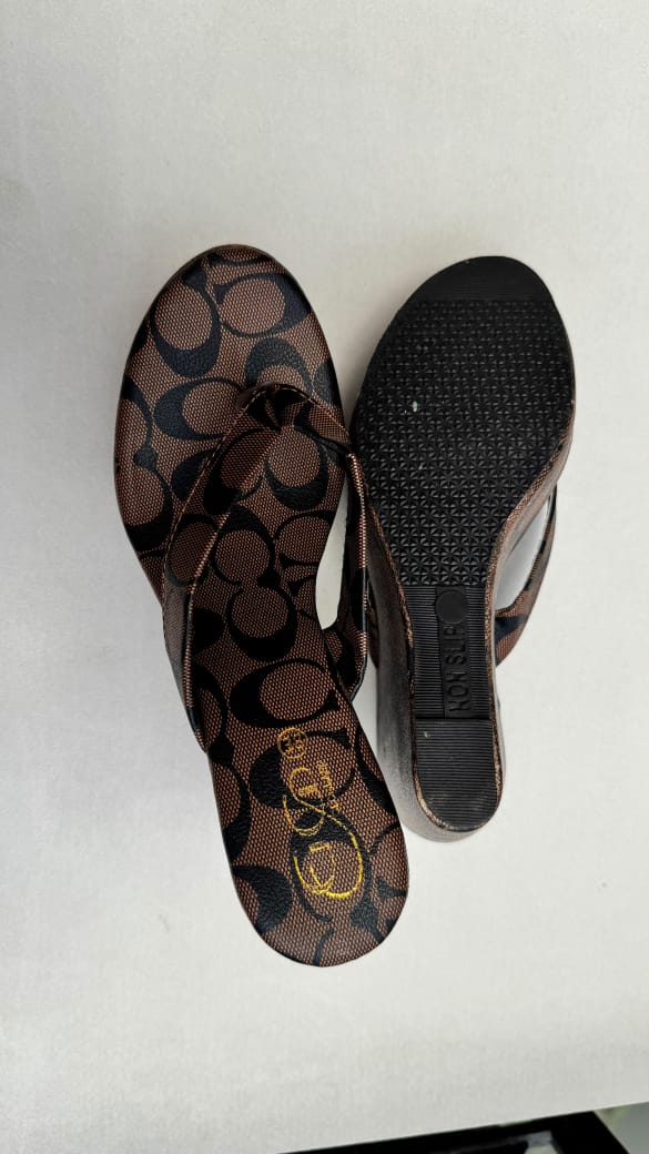 Women's Brown Monogram Wedge Flip-Flops