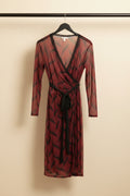 Red and Black Printed Sheer Mesh Wrap Mini Dress