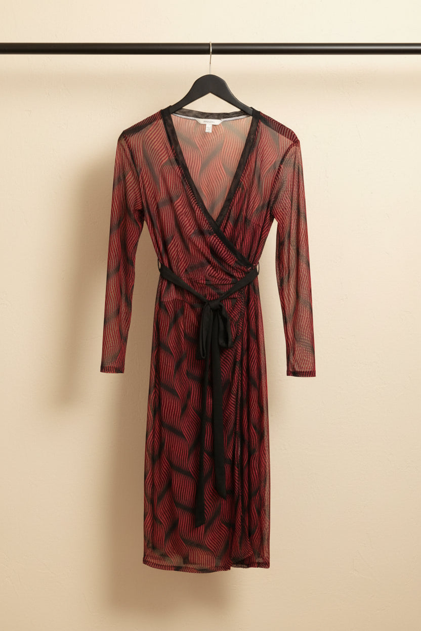 Red and Black Printed Sheer Mesh Wrap Mini Dress