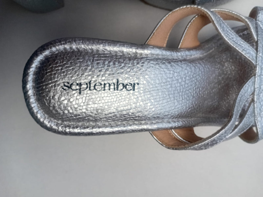 September Women's Silver Textured Block Heel Sandals