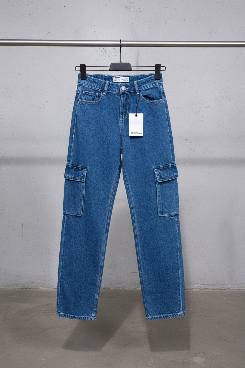 Bershka Blue Denim Cargo Jeans