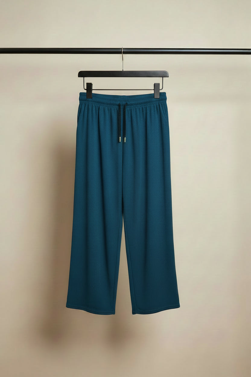 Women's Teal Blue Ribbed Drawstring Wide Leg Trousers