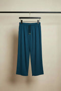 Women's Teal Blue Ribbed Drawstring Wide Leg Trousers