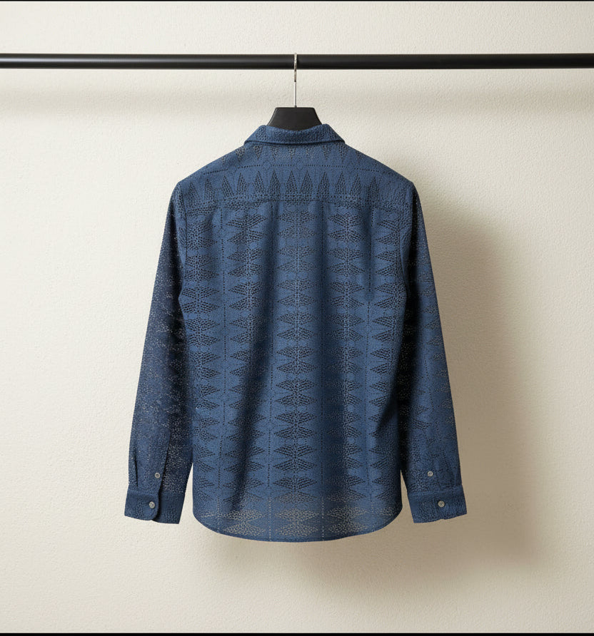 Men's PS-2 Diesel Blue Perforated Long Sleeve Casual Shirt
