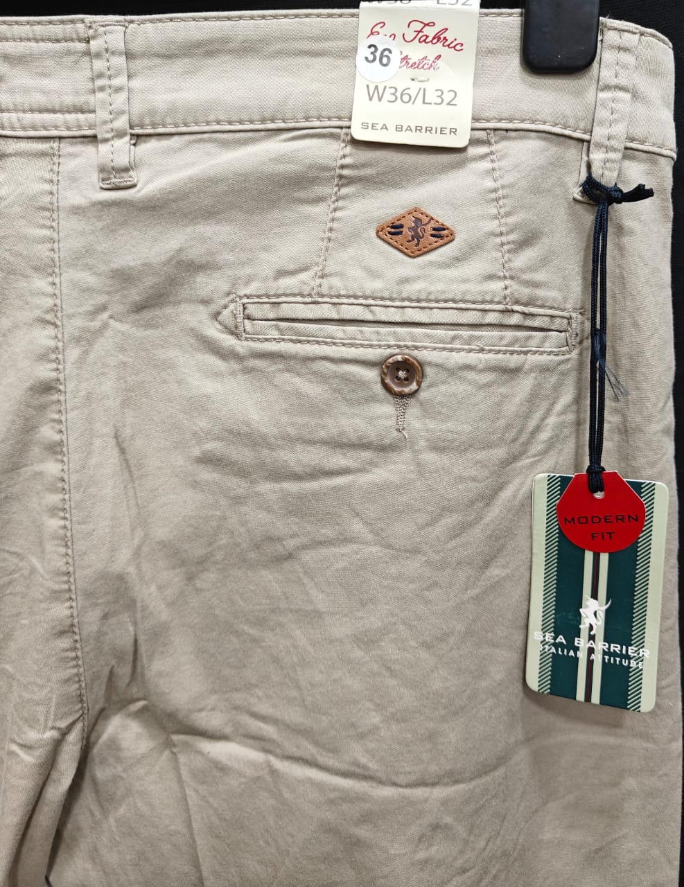 Men's Beige Modern Fit Stretch Chinos by SEA BARRIER
