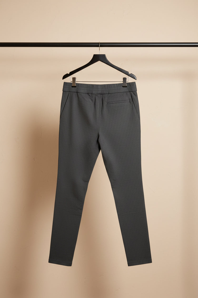 Men's Dark Grey Striped Elastic Waist Regular Fit Trousers