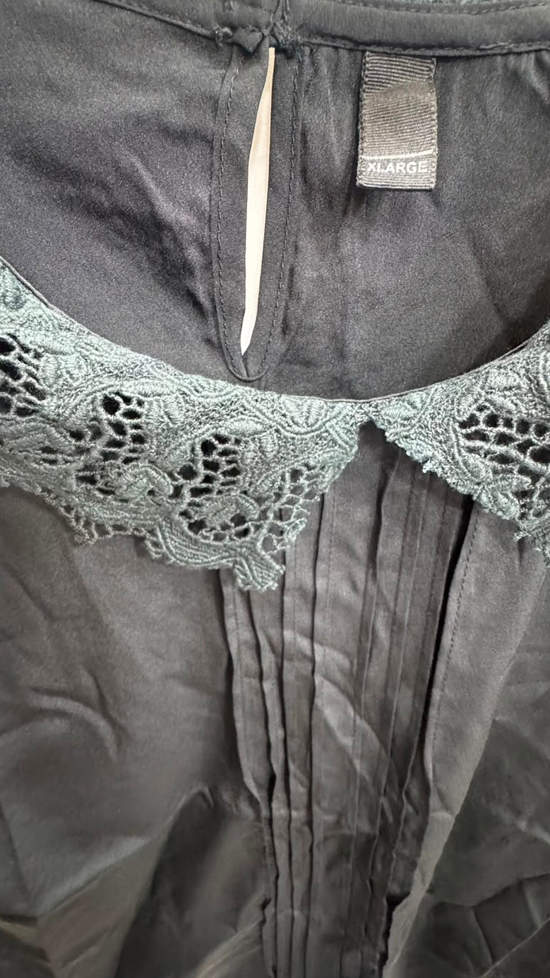 Black Long Sleeve Blouse with Lace Collar and Cuffs