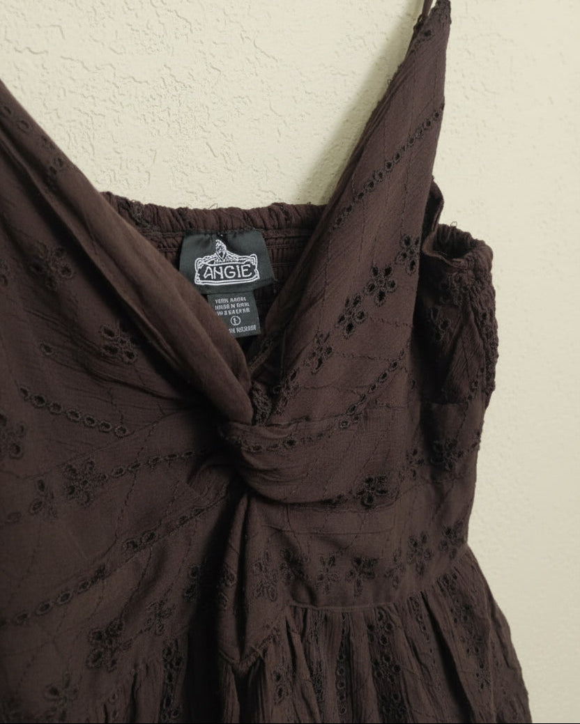Angie Women's Brown Rayon Eyelet Tiered Mini Dress