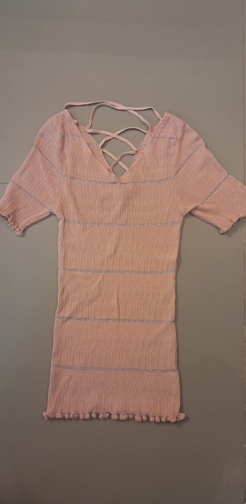 Women's Pink Crinkle Knit Short Sleeve Top with Lace-Up Back