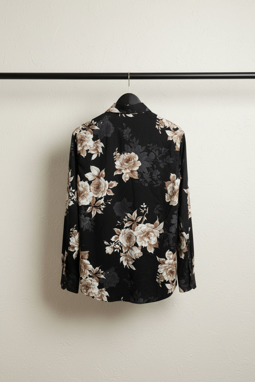 LOUIS COUTURE Men's Black Floral Printed Long Sleeve Casual Shirt