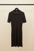Women's Dark Brown Ribbed Knit Polo Collar Short Sleeve Bodycon Mini Dress