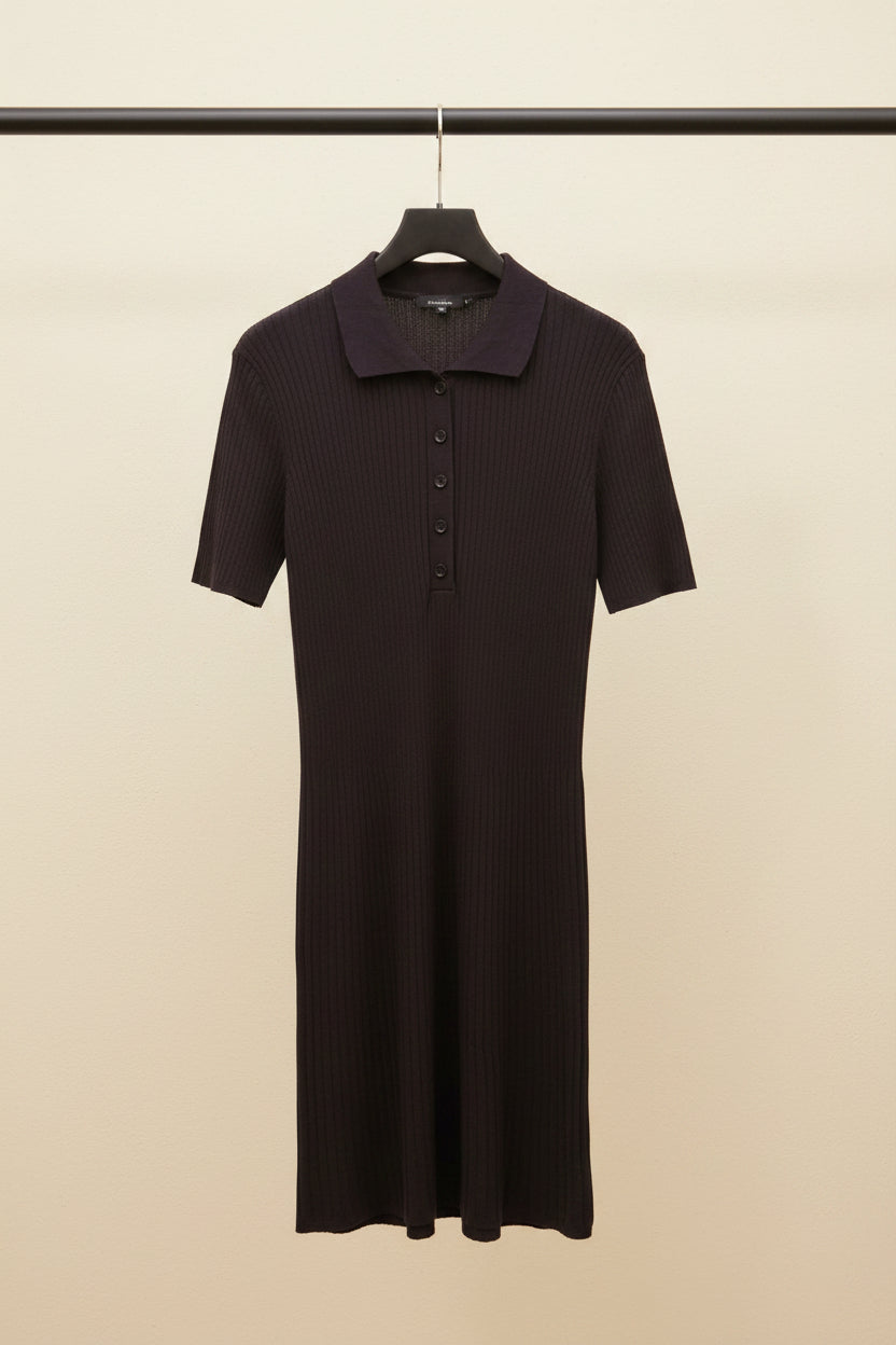 Women's Dark Brown Ribbed Knit Polo Collar Short Sleeve Bodycon Mini Dress