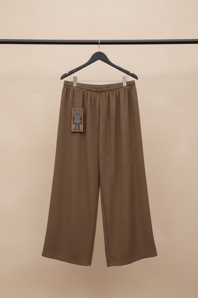 Women's Brown Textured Elastic Waist Relaxed Fit Trousers