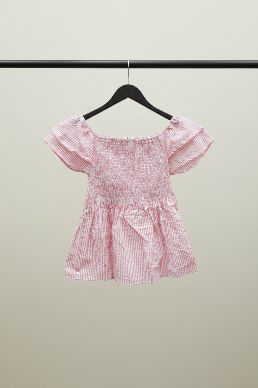 Pink & White Striped Off-Shoulder Smocked Peplum Top