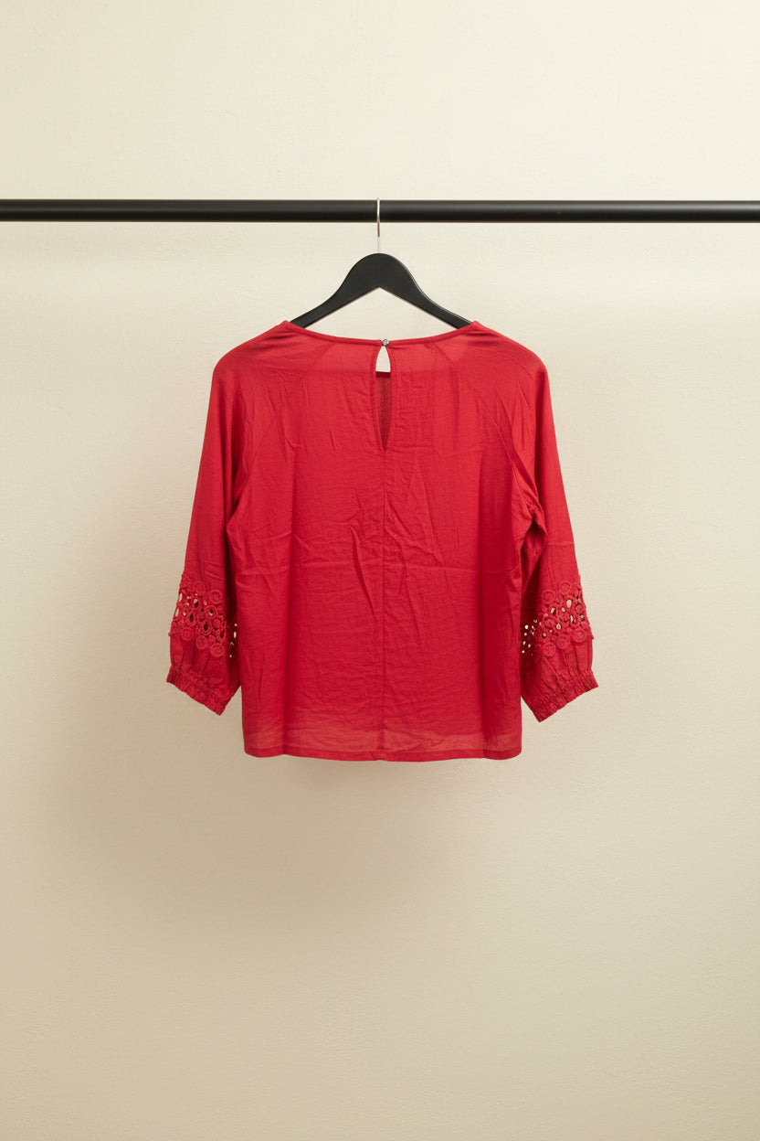 TOKYO TALKIES Women's Red Embroidered 3/4 Sleeve Top