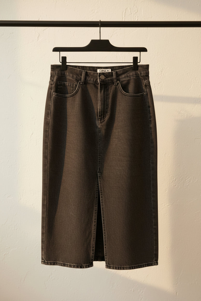 ONLY Women's Black Washed Denim Midi Skirt with Front Slit